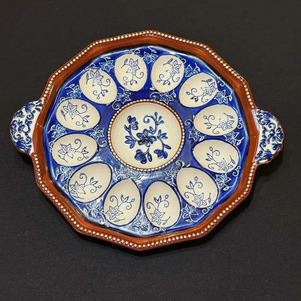 Majolica Ceramic Hand Painted Floral Lace 12 Egg Tray Platter 12”